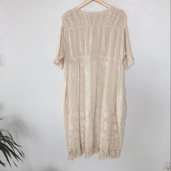 Johnny Was Ambre Midi Dress Embroidery Eyelet Empire Waist Ivory Cream L